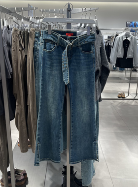 UR国内代购2025秋季女装休闲复古腰带高腰喇叭牛仔长裤UYV850170