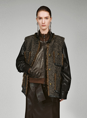 UR国内代购2025冬季女装休闲金丝毛边粗花呢含羊毛马甲UWH160013