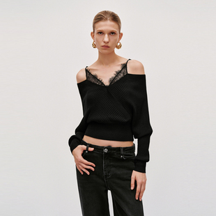 UR国内代购2025秋季女装魅力拼接蕾丝超短款吊带针织衫UWG950253