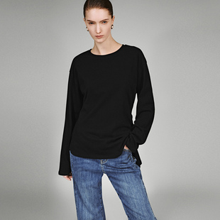 休闲褶皱系带棉质圆领长袖 女装 T恤UWH460001 2025冬季 UR国内代购