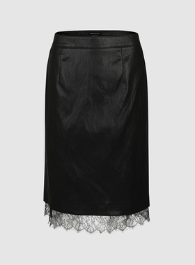 UR国内代购2025冬季女装魅力摩登PU拼接蕾丝修身半裙UWG560001