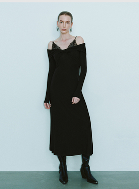 UR国内代购2025夏季女装魅力氛围感假两件一字领连衣裙UWG750005