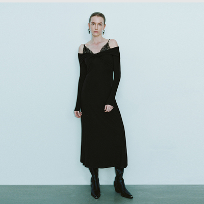 UR国内代购2025夏季女装魅力氛围感假两件一字领连衣裙UWG750005