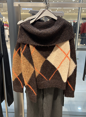 UR国内代购2025冬季女装休闲复古一字领撞色菱格针织衫UWH960012
