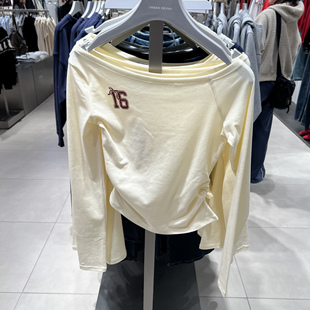 UR国内代购2026春季女装休闲数字印花斜肩领修身短款T恤UYY460046