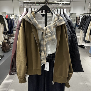 UR国内代购2025冬季女装休闲设计感假两件格纹连帽外套UWH160017