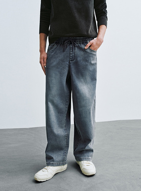 UR国内代购2025冬季男装复古松紧腰抽绳阔腿休闲长裤UUY850017