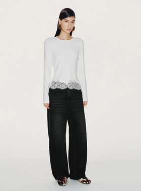 UR国内代购2026春季女装潮流简约拼接蕾丝修身圆领T恤UWJ460012