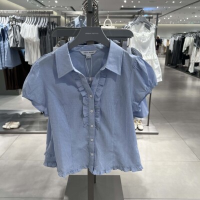 UR国内代购2026夏季女装休闲格纹翻领荷叶边短袖衬衫UYY260073