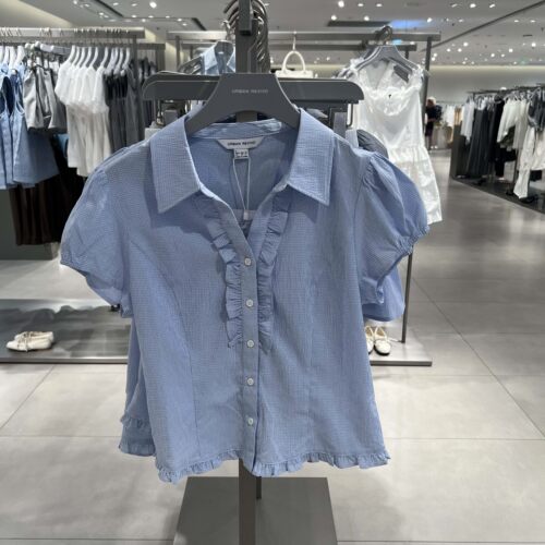 UR国内代购2026夏季女装休闲格纹翻领荷叶边短袖衬衫UYY260073