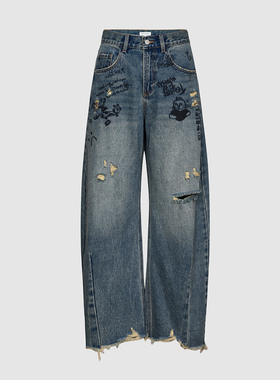 UR国内代购2025秋季女装潮流涂鸦破洞磨破弯刀牛仔长裤UYV850150