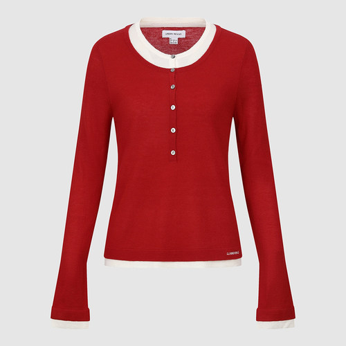 UR国内代购2025冬季女装红色潮流撞色假两件短款针织衫UYV950109