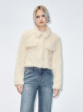 UR国内代购2025冬季女装气质流光风翻领口袋毛绒外套UYY150035