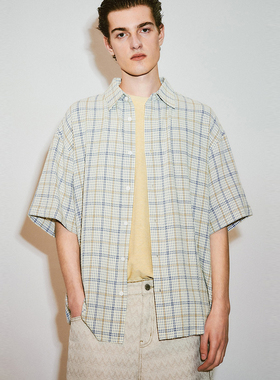 UR国内代购2025夏季男装休闲格纹超宽松短袖开襟衬衫UML250048