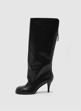 UR国内代购2025秋季女士时尚复古真皮方圆头高跟长靴UAWS50122