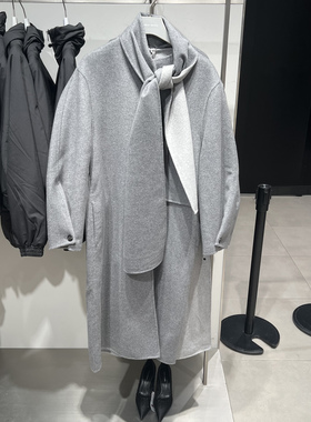 UR国内代购2025冬季女装都市气质领含羊毛长款毛呢大衣ULG150007