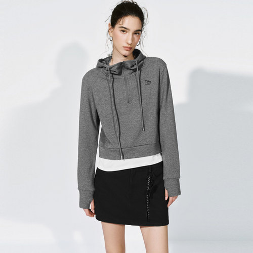 UR国内代购2025冬季女装潮流连帽抽绳刺绣假两件卫衣UYV460010