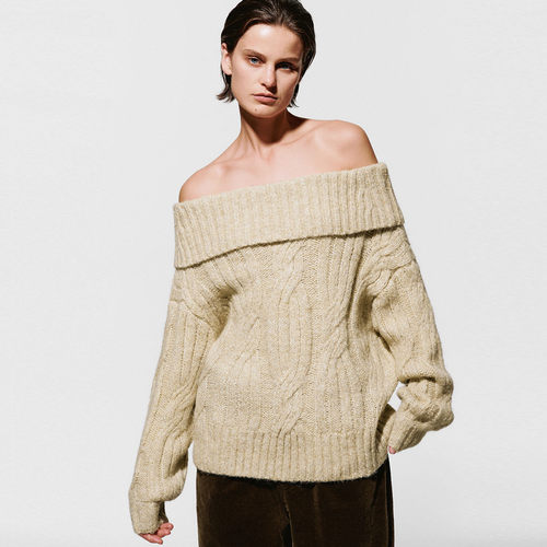 UR国内代购2025冬季女装休闲气质一字领绞花肌理针织衫UWH950141