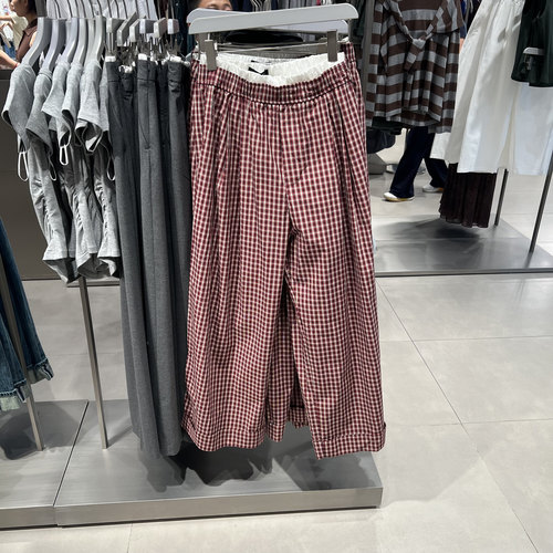 UR国内代购2025秋季女装复古格纹拼接腰头超宽松阔腿裤UWJ650049