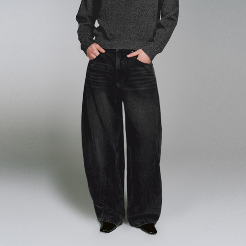 UR国内代购2025冬季女装复古水洗猫须弯刀棉质牛仔长裤UWJ850109