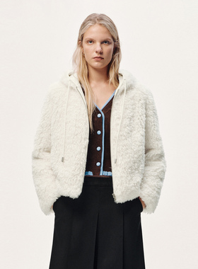 UR国内代购2025冬季女装休闲风毛绒连帽抽绳拉链外套UYL150142