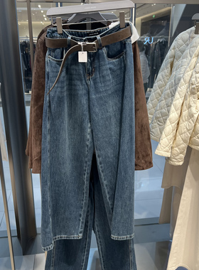 UR国内代购2026春季女装潮流水洗猫须腰带阔腿牛仔长裤UWJ850094