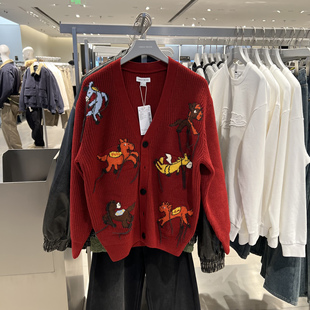 UR国内代购2025冬季男装潮流撞色小马提花V领针织开衫UUV950036