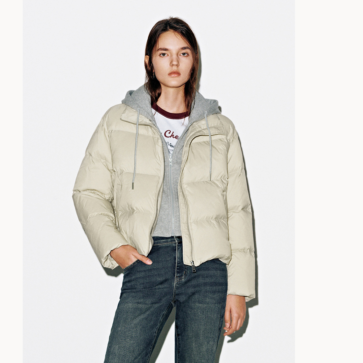 UR国内代购2025冬季女休闲撞色假两件连帽抽绳羽绒外套UYY150082