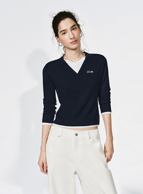 UR国内代购2025冬季女装都市V领撞色边修身短款针织衫UYU960007