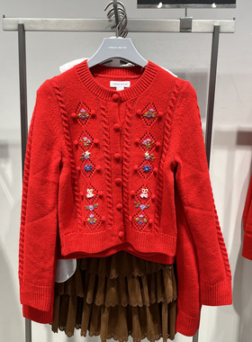 UR国内代购2025冬季女装都市镂空花卉刺绣红色针织开衫UYU960017