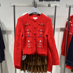 UR国内代购2025冬季女装都市镂空花卉刺绣红色针织开衫UYU960017