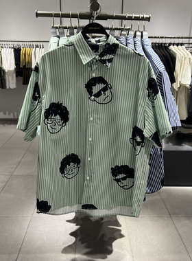 UR国内代购2025夏季男装少年感撞色条纹印花开襟衬衫UMY250020