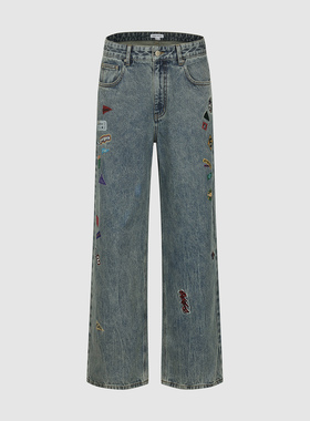 UR国内代购2026春季男装潮流复古水洗刺绣直筒牛仔长裤UUV860030