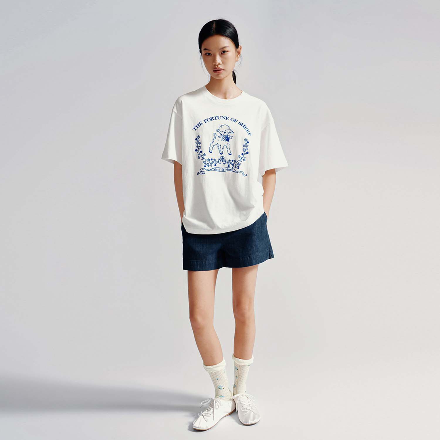 UR国内代购2026夏季女装休闲撞色小羊刺绣圆领短袖T恤UYL460171