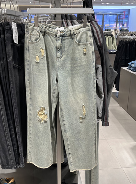 UR国内代购2025春季男装街头洗水破洞须边阔腿裤牛仔裤UMV850021