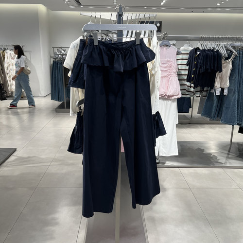 UR国内代购2025秋季女装时尚休闲褶皱荷叶边拼接阔腿裤UYL650072