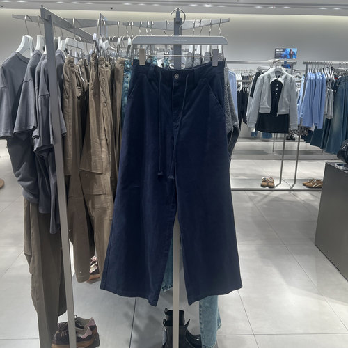 UR国内代购2025秋季女装休闲半松紧腰抽绳棉质阔腿裤UYV650115