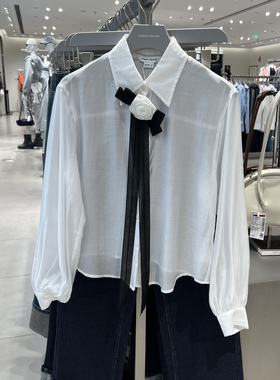 UR国内代购2025春季女立体花朵飘带设计感长袖开襟衬衫UYU250020