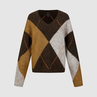 琥珀流光风复古菱格V领针织衫 女装 UWH950157 2025冬季 UR国内代购