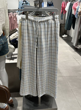 UR国内代购2025春季女装时尚休闲撞色格纹蕾丝边阔腿裤UYL650017