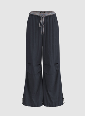 UR国内代购2025秋季女装休闲格纹拼接褶皱抽绳阔腿裤UYL650075