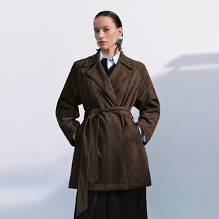 UR国内代购2025冬季女装复古麂皮翻领腰带风衣呢料外套UWM150056