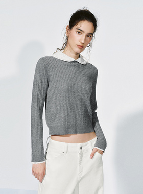 UR国内代购2025冬季女装都市绞花撞色娃娃领短款针织衫UYU960004