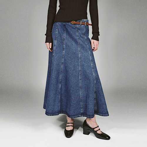 UR国内代购2025冬季女装质水洗明线腰带棉质牛仔半裙UWM860018