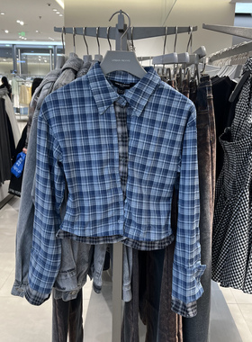 UR国内代购2025秋季女装设计感拼接格纹荷叶边开襟衬衫UWA250010