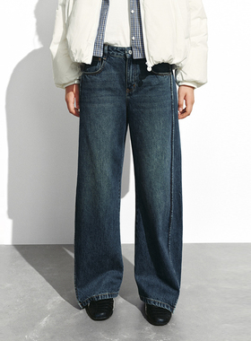 UR国内代购2025冬季女装休闲做旧水洗棉质弯刀牛仔长裤UYL850206