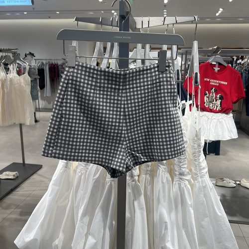 UR国内代购2025夏季女装时尚休闲风简约撞色格纹短裤UYU650045