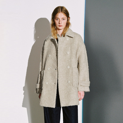 UR国内代购2025冬季女装休闲翻领双排扣呢料外套大衣UYL150141