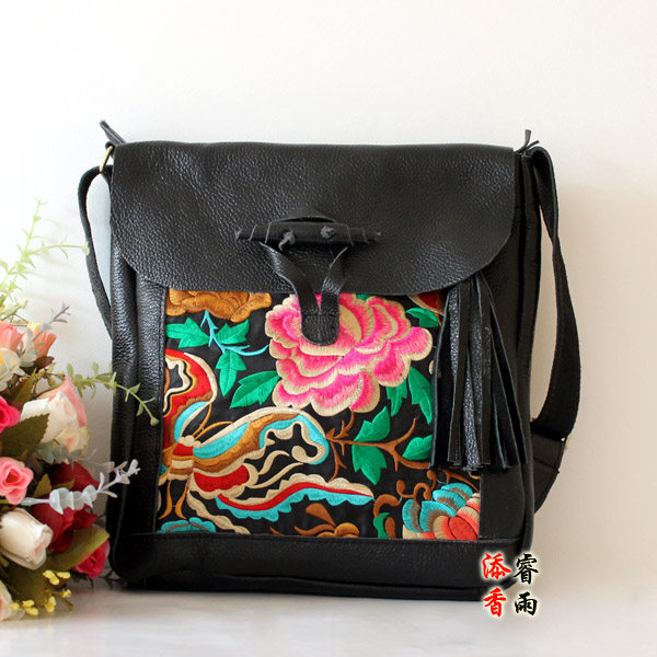 中国风原创包包民族风头层牛皮绣花斜挎包士真皮复古单肩绣花包