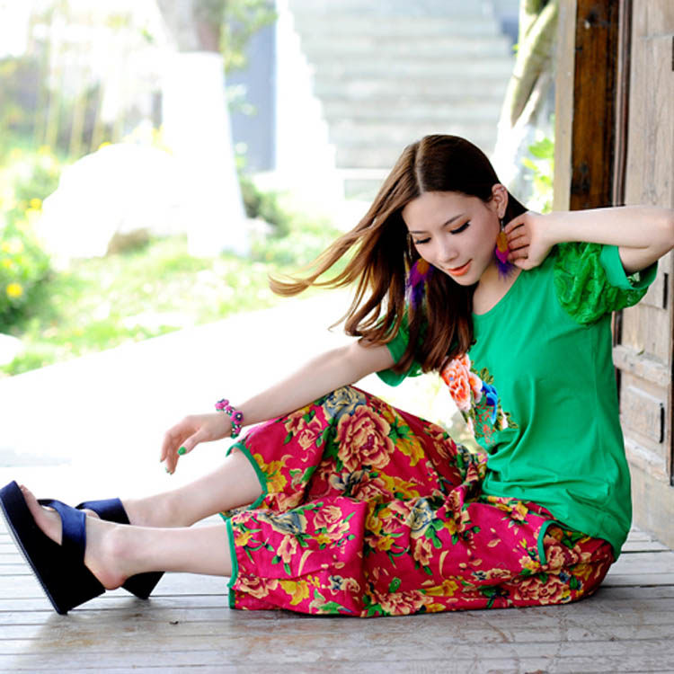 民族风复古东北老花灯笼裤中裤夏季新款棉麻中国风七分裤宽松特价